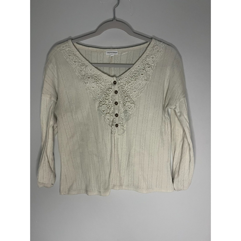 Love on a Hanger Cream Lace Neckline Long Sleeve Henley Blouse Top Womens Size S
